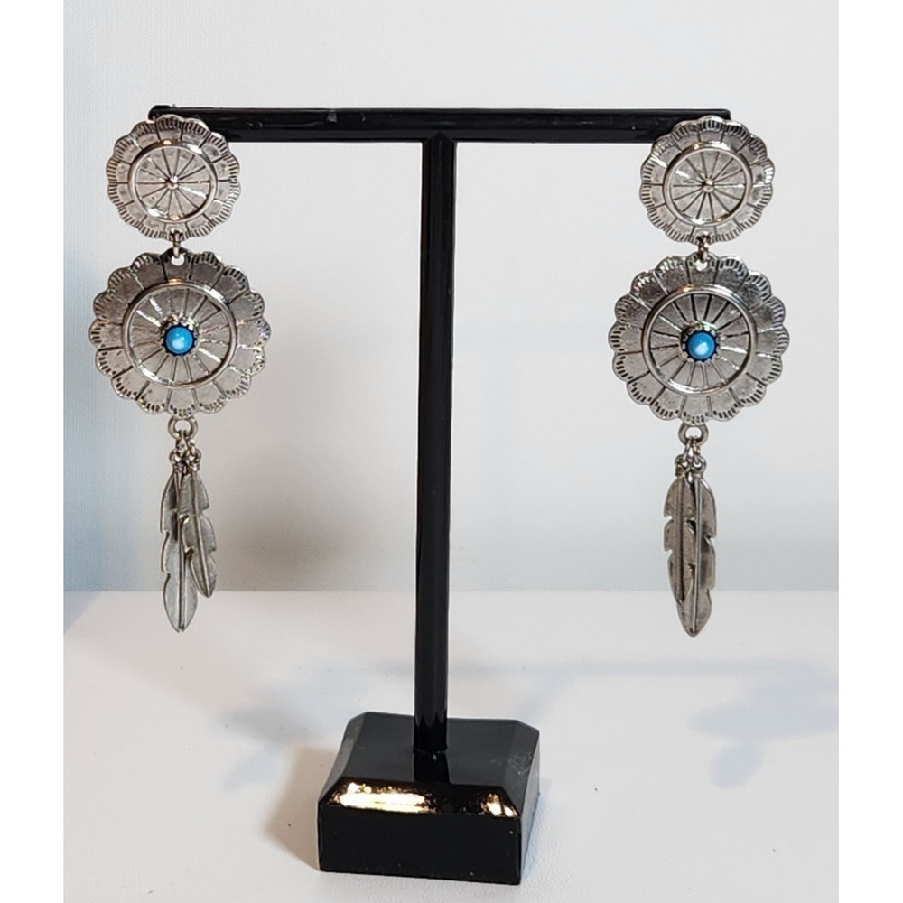 Silver Dangle Earrings‎ with Post Back and Blue Center